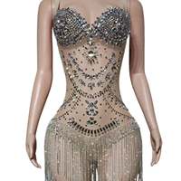 Combinaison courte de performance Ocstrade faite à la main avec strass et franges, bretelles spaghetti, maille transparente, robe de scène pour boîte de nuit, directement de l'usine