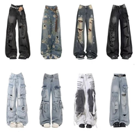 Celana Jeans Wanita High Waisted Distressed Wide Leg Denim Gaya Baggy Cargo Y2K Streetwear Kasual Model Campuran