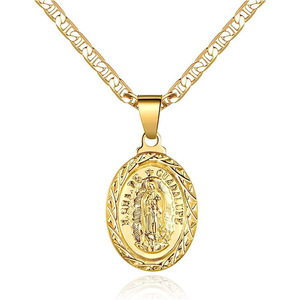 Collana con Pendente Guadalupe Placcato Oro, Catena Figaro, Gioiello Religioso Cattolico Unisex, Medaglione Ovale Placcato 22k - Product Image 1