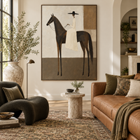 Peinture sur toile abstraite minimaliste représentant un cavalier équestre et un cheval, art mural neutre brun pour hôtel, villa, club-house, décoration murale personnalisée