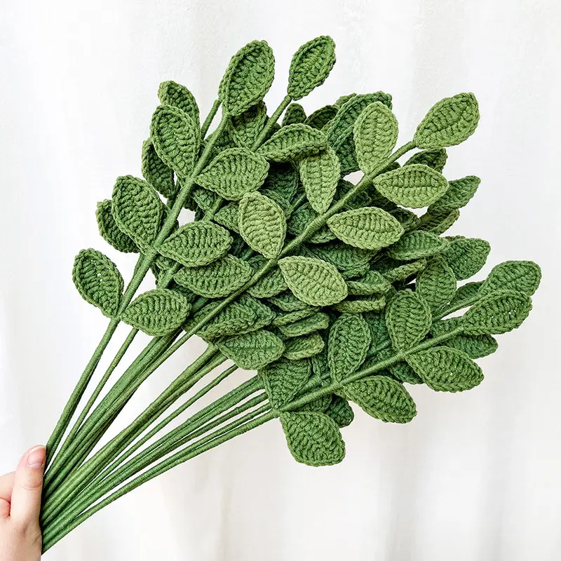 100% Handmade Wool Yarn Crochet Olive Leaf Artificial Knitted Flowers Crochet Leaves Eucalyptus Leaf Crochet Flowers