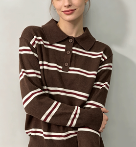 <strong>Ladies</strong> Lapel Button Striped Knit Pullover Women <strong>Polo</strong> <strong>Neck</strong> Long Sleeve <strong>Jumper</strong> - Product Image 2