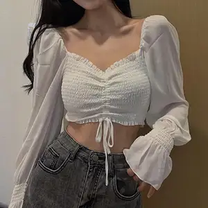 Chiffon Shirt Women Tops And Blouse Sexy Women Long Sleeve Square Neck Shirt Drawstring Off Shoulder Blouse Crop Top