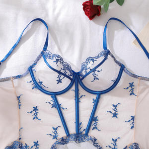 Completo Intimo Floreale Blu Elegante 2026 con Fiocco: Lingerie <span class=keywords><strong>Sexy</strong></span> Trasparente a Due Pezzi, Set Lingerie in Rete Aderente - Product Image 4