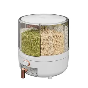 DS1896 Dispensador de alimentos secos de 6 compartimentos Caja de almacenamiento de arroz Contenedor Cereal Cubo transparente Dispensador de arroz de grano giratorio