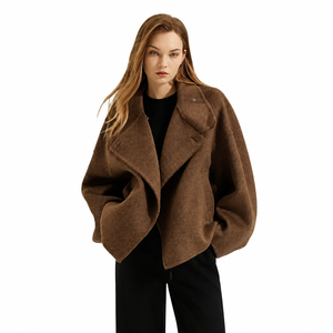 OEM ODM <strong>Women</strong> Chocolate Brown Alpaca Wool Oversized Drop-Shoulder Double-Sided Short Coat Long Sleeve Wholesale - Product Image 1