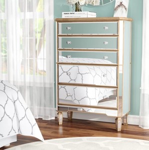 Royal Design Mirrored Tall <strong>Chest</strong> With 5 <strong>Drawers</strong> Crystal <strong>Handle</strong> Gold Finished Mirror Cabinet for Living Room - Product Image 1