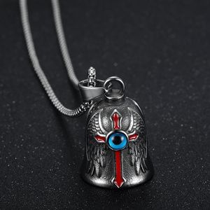 Collier cloche de vélo en acier inoxydable avec œil bleu et ailes de croix rouge, design rétro pour cyclistes - Product Image 1