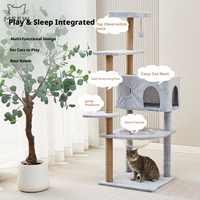 Arbre à chat de luxe multi-niveaux en bois massif avec capsule spatiale transparente, tissu pelucheux écologique de qualité E0, et condo pour chat en carton