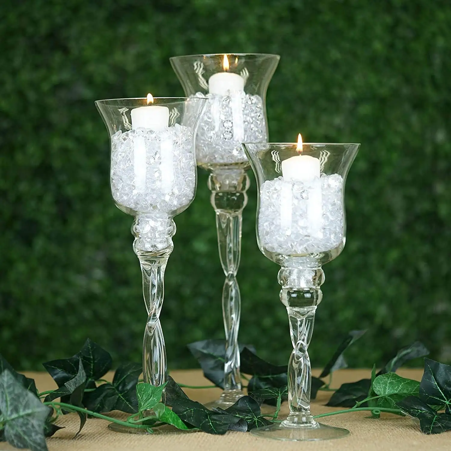 TABLECLOTHSFACTORY Set of 3 Long Stem Glass Candle Holders