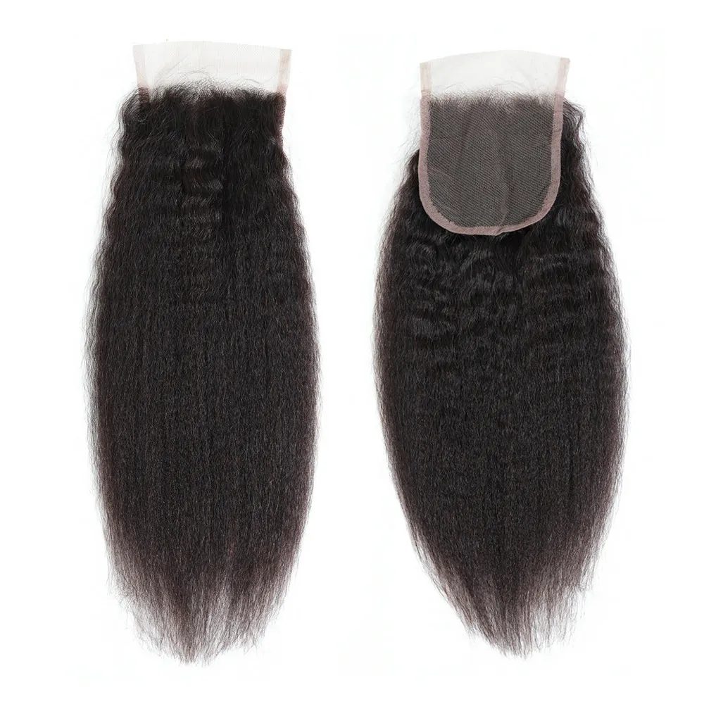 Wholesale 8-22 Inch 4x4 Lace Closure Kinky Straight Human Hair With Baby Hair Free Part Swiss Lace Yaki Straight Remy Human Hair