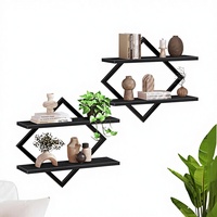 Ensemble d'étagères flottantes à 2 niveaux, design moderne, gain de place, forme diamant, en bois composite et métal, finition noire, pour montage mural