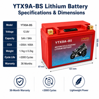Batterie de démarrage pour moto LiFePO4 12,8 V 5 Ah YTX9A-BS avec BMS intégré et indicateur de batterie pour ATV/UTV/Scooter et outils électriques – Garantie 36 mois