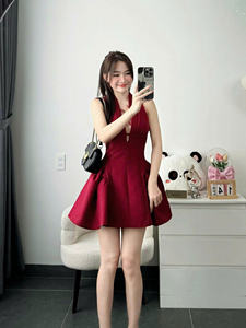 Minivestido Rojo Halter con Cuello en V y Panel de Encaje, Minivestido de Fiesta Halter con Cuello en V de Vietnam, con Panel de Encaje, Plisado, Línea A, Cintura Alta - Product Image 3