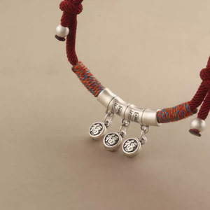 Bracelet en corde rouge avec motif de bambou et caractères Fu en argent pur 999 de style chinois pour femmes, réglable, fait main, cadeau traditionnel - Product Image 3
