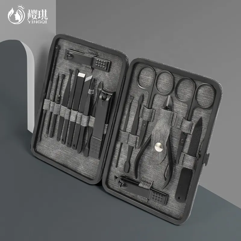 18Pcs Professionele Nagelknipper Kit Pedicure Gereedschap Kit Vrouwen Grooming Kit Manicure Set Voor Reizen En Thuis Case Carbon zwart