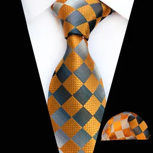 Green Yellow Plaid Mens Ties And Pocket Square Gift Set Custom Neckties For Men Silk Wedding Men's Suit Tie Handkerchief