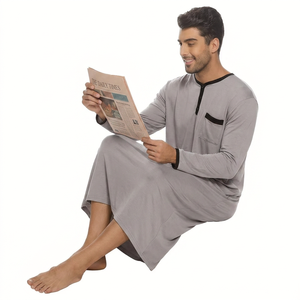 Chemise de nuit en tricot à manches longues et col en V pour homme, couleur gris, avec poche, 100% coton, vêtements décontractés pour la maison, toutes saisons, écologiques - Product Image 6