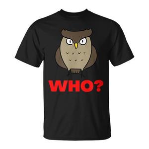 Camiseta Owl Who Hoo negra con estampado de animales divertidos, camiseta unisex para hombres y mujeres - Product Image 1