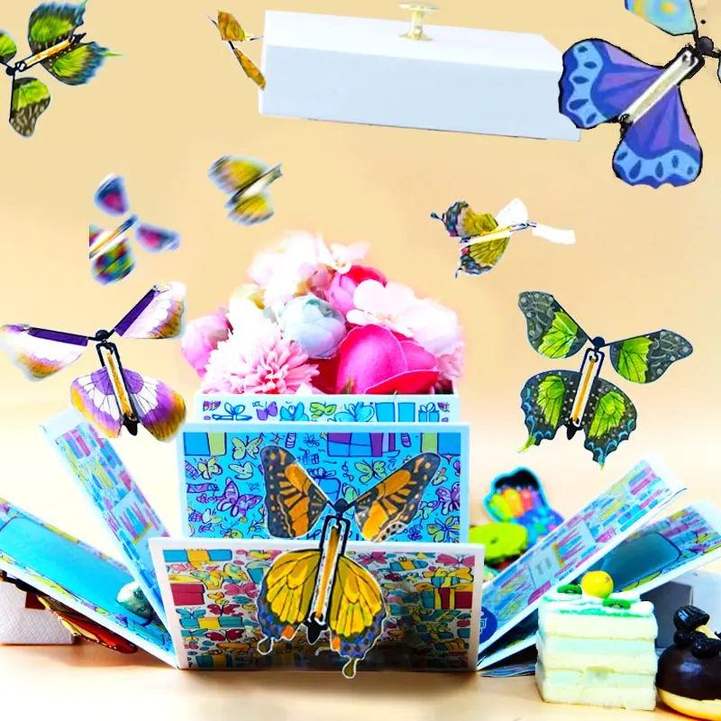 Ins estilo caliente DIY presente bomba sorpresa Feliz cumpleaños pastel foto cosmético cubo explosión azul caja de regalo, caja de regalo de mariposa