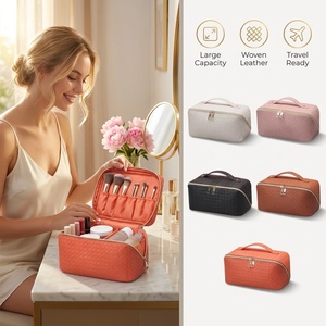 Woven Leather Cosmetic Bag <b>Large</b> Capacity <b>Pillow</b> Makeup Case with Handle Multi Compartment Travel Toiletry Organizer for Women - Product Image 1