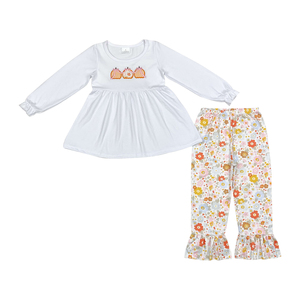 Conjunto de ropa de Boutique para niña, bordado de calabaza naranja, Otoño, día de Acción de Gracias, trajes para niños pequeños, venta al por mayor, conjunto floral para niños - Product Image 1