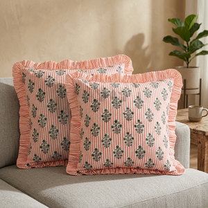 Trending New Salmon Blossom Stripe Ruffle Western Style Pure Cotton Removable Washable Modern Luxury Floral Square <b>Throw</b> Pillow - Product Image 3