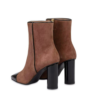 Handmade Women's High <b>Round</b> Chunky <b>Heels</b> Shoes Suede Patchwork Ankle Boots Side Zipper Square <b>Toe</b> Short Boots - Product Image 3