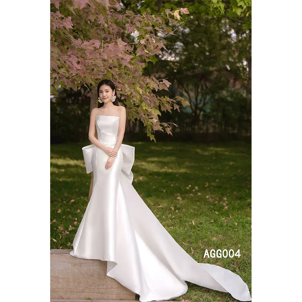 Fashion Trending Strapless A Line Side Hollow Back Butterfly Design Women Elegant White Satin Fabric For Weddings