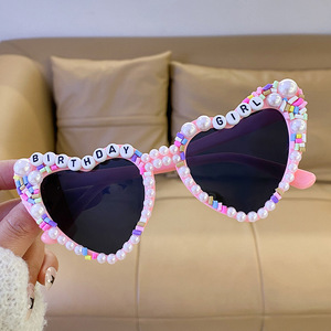 <b>Party</b> <b>Props</b> Birthday Sunglasses Pearl Letter Sunglasses Stylish Rhinestone-encrusted Heart-shaped Glasses - Product Image 4