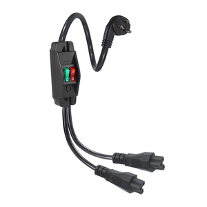 Cable de extensión de alimentación en Y con enchufe angulado de 3 clavijas estadounidenses, dos puertos IEC C5 con interruptores separados para computadora portátil, impresora y luces LED - Product Image 1