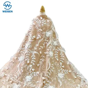 3D花卉刺绣面料珠子亮片刺绣面料白色新娘婚纱面料WS3D-07