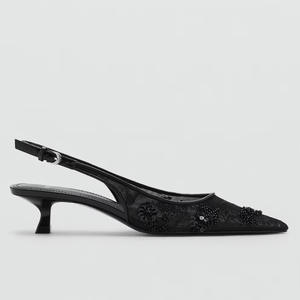 Kadın 2025 yaz yeni gelenler siyah sandalet moda boncuklu örgü sivri burun sığ yüksek topuklu katırlar açık geri orta topuk - Product Image 3