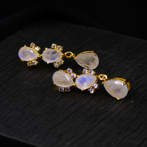 925 Sterling Silver Women's Wedding Earrings Gold-Plated White Topaz <b>Rainbow</b> Gemstone Chic Classic Flower Pattern for Chic - Product Image 1