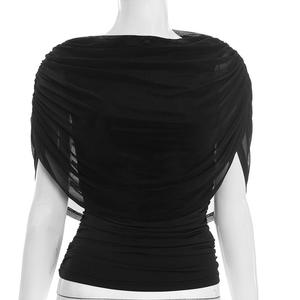 Women's Draped Sheer Mesh Overlay <b>Top</b> Ruched Waist Fitted Blouse Shirt Fashion - Product Image 5