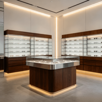 Solution complète d'aménagement pour magasin d'optique, Vitrine à lunettes en bois grainé avec peinture laquée, Vitrine murale rétroéclairée