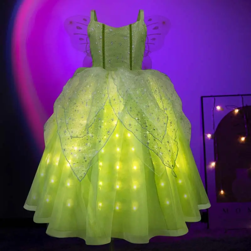 Niños Halloween Cosplay verde elfo flor Hada LED iluminación Tinker Bell Hada princesa disfraz