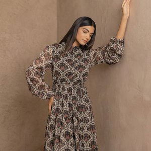Robe longue en mousseline à imprimé floral et col montant, avec manches lanternes, coupe trapèze ample, style bohème, robe décontractée d'automne, magnifique robe - Product Image 1