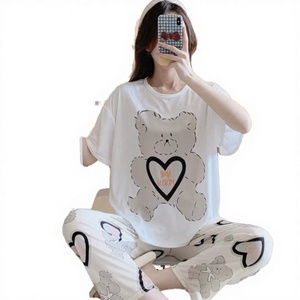 New Women's Summer Lightweight Lace Breathable Casual Short-sleeved Shorts Pajama Set with Cartoon Three-piece Home Wear Set - Product Image 2