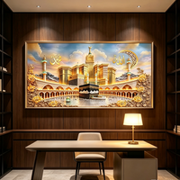 Peinture murale horizontale de luxe islamique en porcelaine cristalline, thème Mecque, Masjid Kaaba, dorure or, grande taille, pour l'Aïd al-Fitr, vente en gros