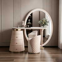 Champagner-Beige Marmor-Waschtisch-Set mit LED-Beleuchtung, Großem Ovalem Spiegel, 3-Schubladen-Schrank und Gestepptem Hocker für Schlafzimmer-Dekoration
