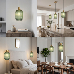 Luminaire suspendu moderne en verre côtelé vert, finition laiton, petit lustre LED pour table à manger, <span class=keywords><strong>salon</strong></span>, chambre, maison - Product Image 6