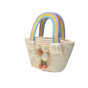 Women's Straw Handbag Off White Rainbow Handle Flower Decor Bucket Shape Everyday Fashion Trend Summer 2022 - Product Image 1