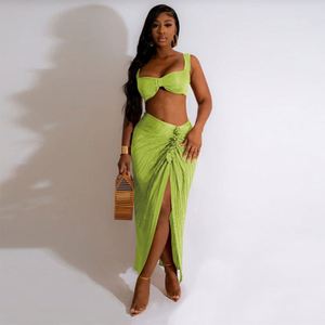 Nouvelle mini-jupe en dentelle taille haute pour femmes, froncée, avec cordon de serrage, sexy, moulante, fendue, club, froissée, irrégulière, orange, fête - Product Image 5