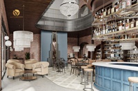 Conception d'intérieur de bar lounge industriel, concept de mise en espace de lounge haut de gamme, ensemble de meubles modernes pour bar lounge