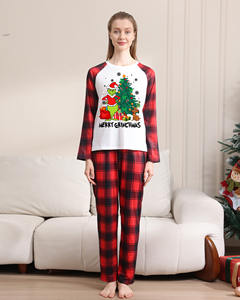 Ensemble Pyjama De Noël Imprimé Dessin Animé Drôle Grinch Pour <span class=keywords><strong>Famille</strong></span>, Tenue D'Intérieur À Carreaux Rouges Manches Longues Pour Fêtes Élégantes - Product Image 2