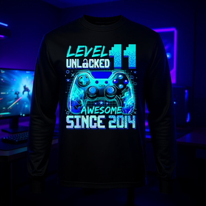 Camiseta de manga larga para juegos desbloqueados Level 11 Awesome Gaming Since 2014, camiseta promocional para niños de 11 cumpleaños - Product Image 3