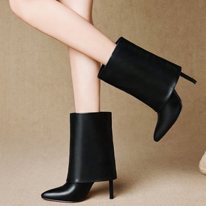 Solid Folding Design Pointed Toe Booties for Women Thin High Heel Slip-on Short Shoes Fashion Western Plus Size 43 Ankle <b>Boots</b> - Product Image 4