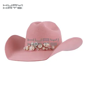 HUAYI CHAPEAUX 2023 Chapeaux de cowboy à la mode pour filles de fête 100% Australie Chapeaux de cowgirl en feutre de laine rose