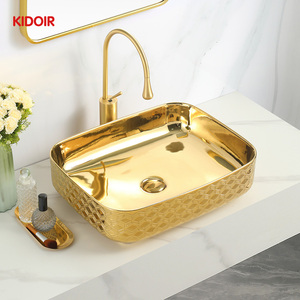 Lavabo de Porcelana de Lujo para Hotel, Rectangular, con Detalles en Dorado, para Colocar <span class=keywords><strong>Sobre</strong></span> la <span class=keywords><strong>Encimera</strong></span>, Lavabo <span class=keywords><strong>Cuadrado</strong></span> - Product Image 4